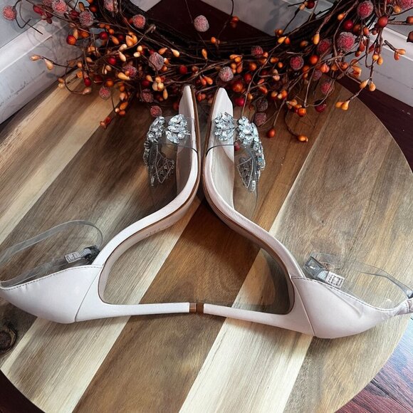 Schutz Vinyl Crystal-Embellished Stiletto Heel Sandal Sz 7.5B Mild Rose Ankle - Picture 9 of 14